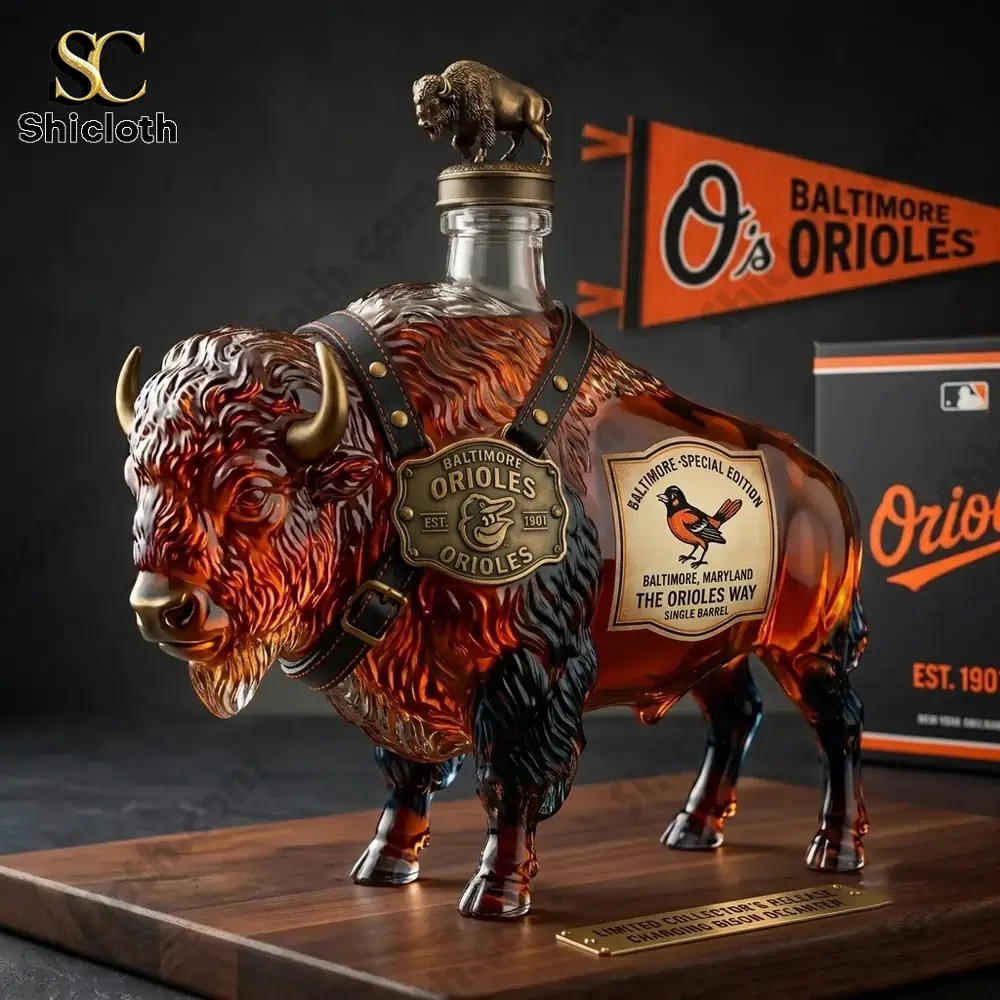 Custom Baltimore Orioles themed buffalo-shaped glass liquor decanter