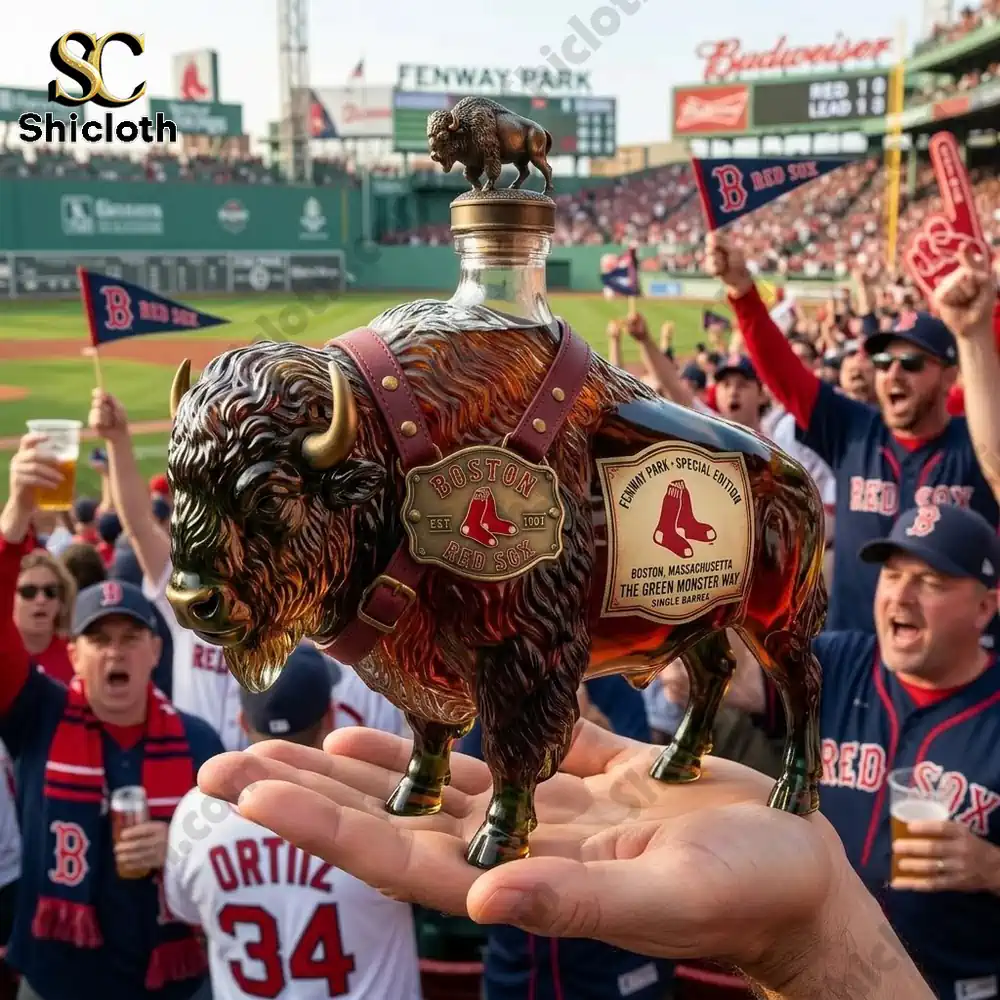 A hand holding a collectible Boston Red Sox themed buffalo-shaped glass liquor decanter at Fenway Park.