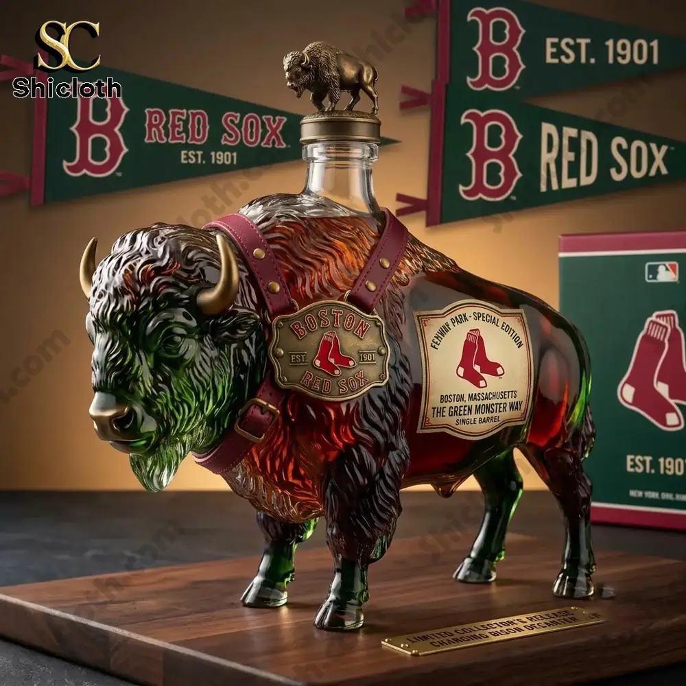 Boston Red Sox themed glass buffalo-shaped decanter on a wooden base.