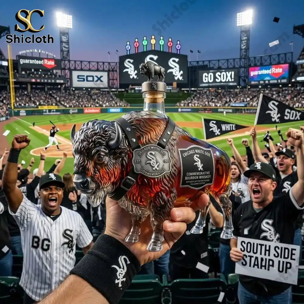 A hand holding a buffalo-shaped Chicago White Sox bourbon bottle at a baseball stadium.