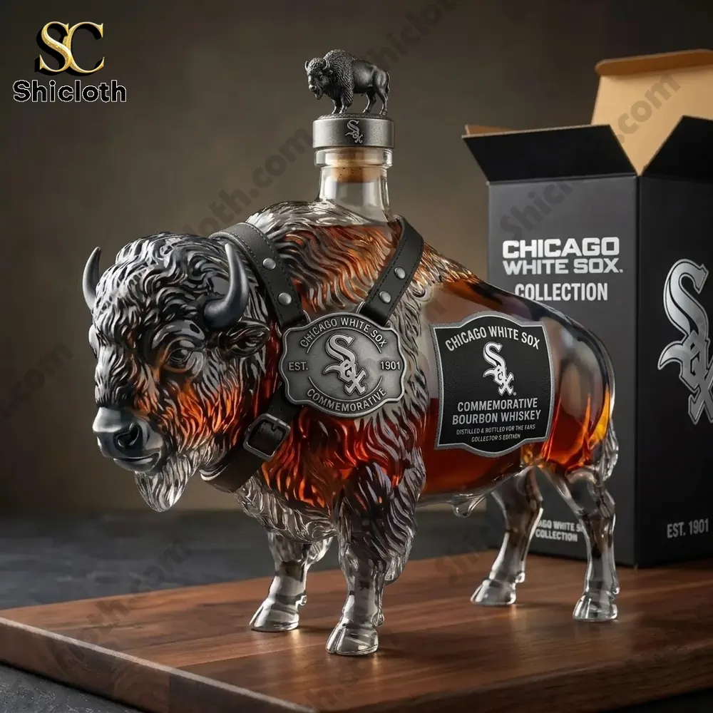 Chicago White Sox commemorative bourbon whiskey bottle shaped like a buffalo.