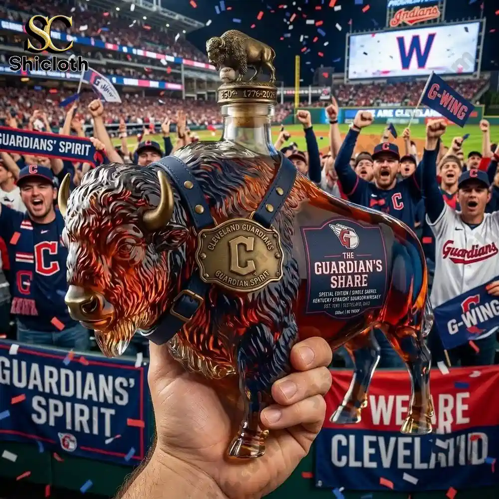 A hand holding a glass buffalo-shaped whiskey bottle labeled The Guardian's Share at a Cleveland baseball stadium.