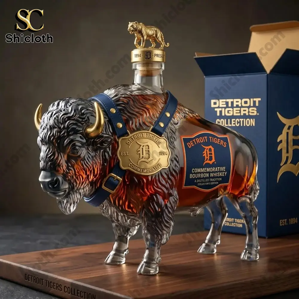Detroit Tigers commemorative bourbon whiskey in a custom glass bison decanter