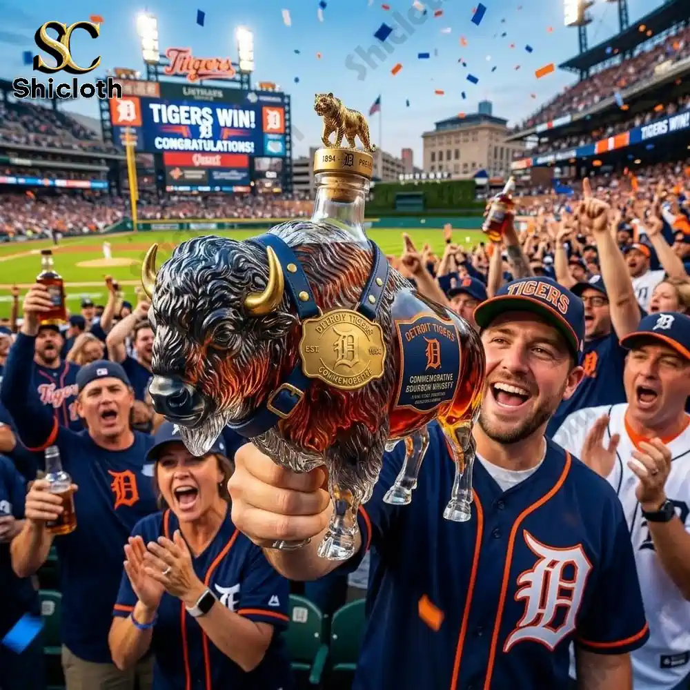 Fan holding a buffalo-shaped Detroit Tigers bourbon decanter at a baseball stadium