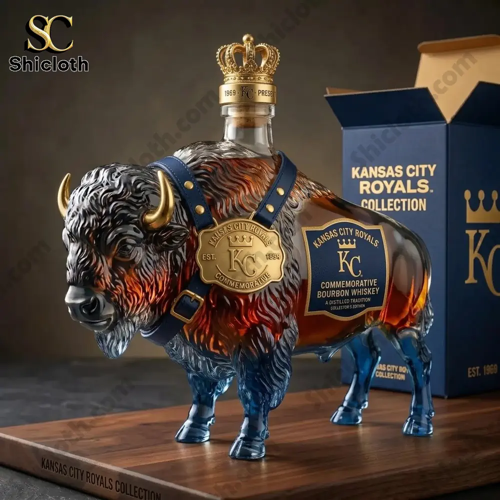 Kansas City Royals commemorative bourbon whiskey bottle shaped like a buffalo