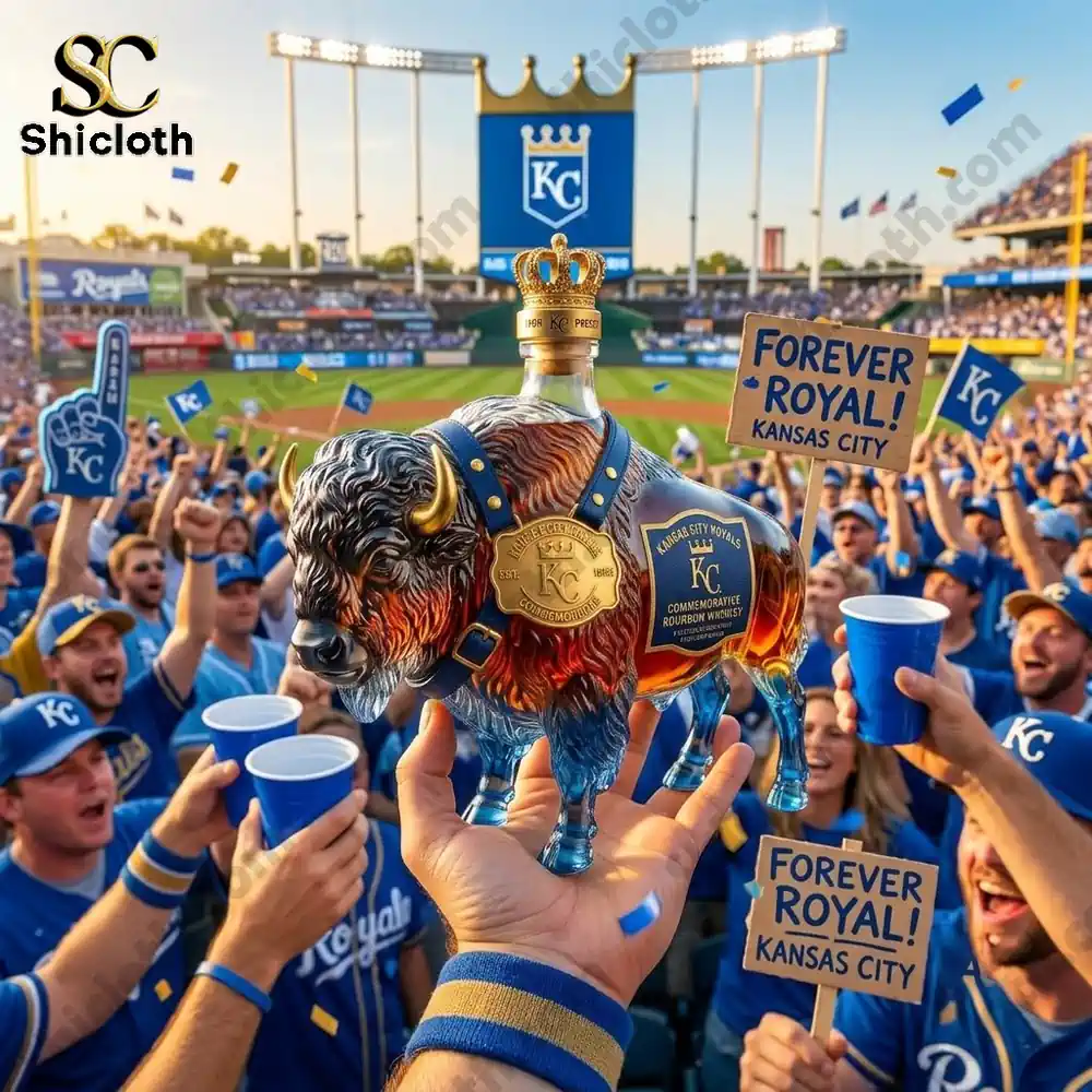 Commemorative Kansas City Royals bourbon bottle shaped like a buffalo held up at a stadium.