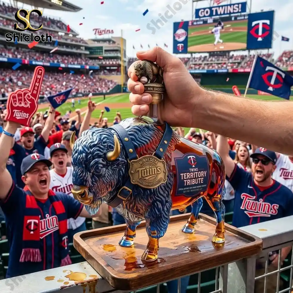 A decorative bison-shaped spirit bottle featuring Minnesota Twins branding held up at a baseball stadium.