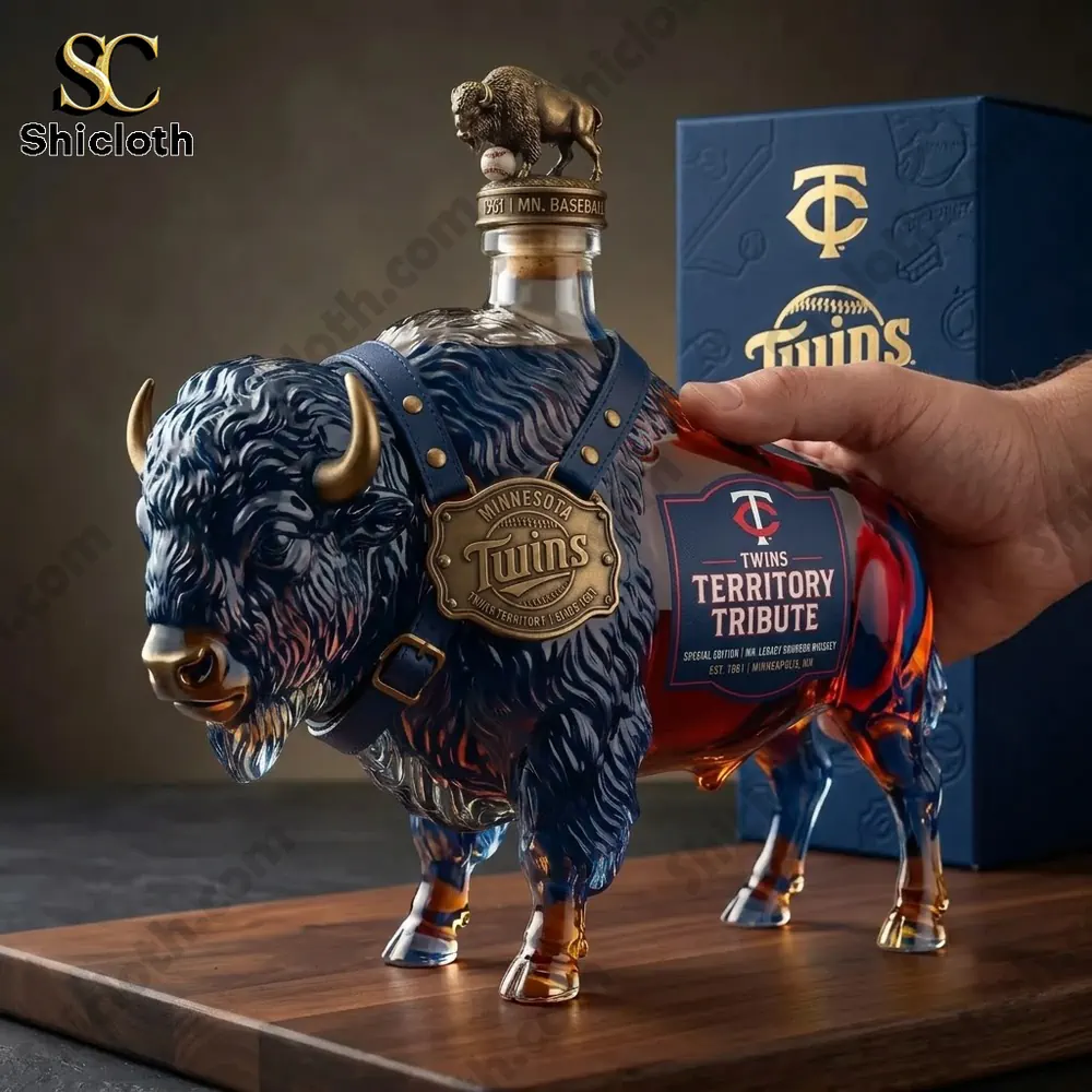 A decorative Minnesota Twins-themed glass buffalo decanter with an amber spirit inside.