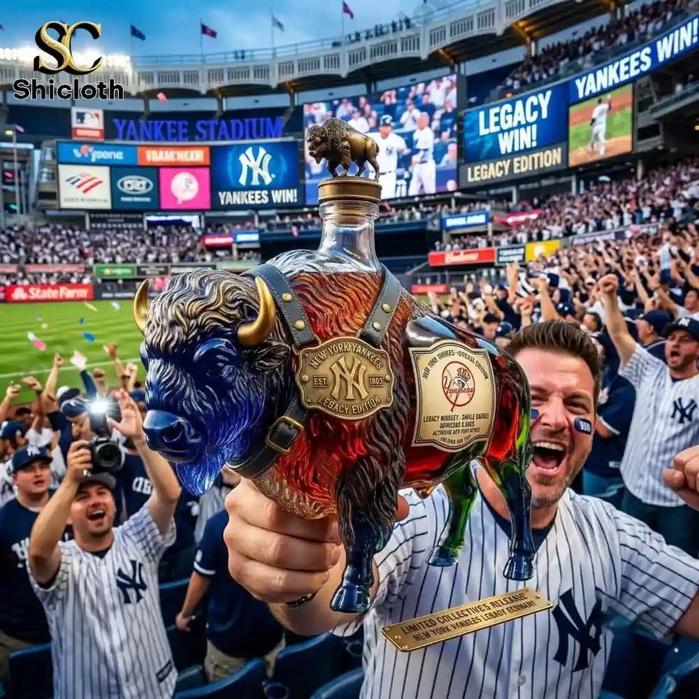 New York Yankees themed buffalo shaped liquor decanter held by a fan at Yankee Stadium.