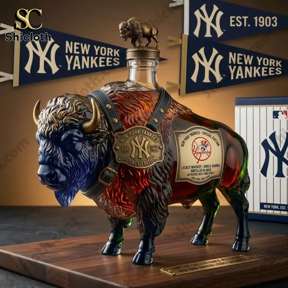 A decorative New York Yankees branded glass whiskey decanter shaped like a buffalo on a wooden stand.