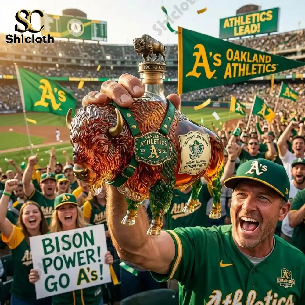 A fan holding a custom bison-shaped whiskey decanter at an Oakland Athletics game.