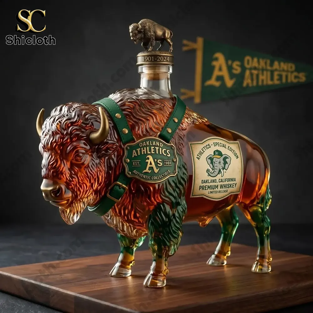 Oakland Athletics themed buffalo-shaped whiskey decanter on a wooden base.
