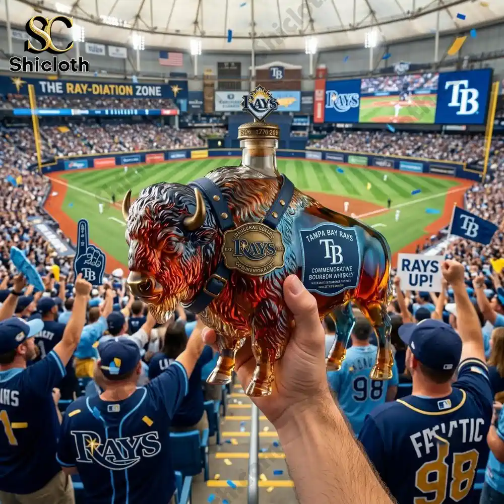 A hand holding a Tampa Bay Rays themed buffalo-shaped bourbon bottle at Tropicana Field.
