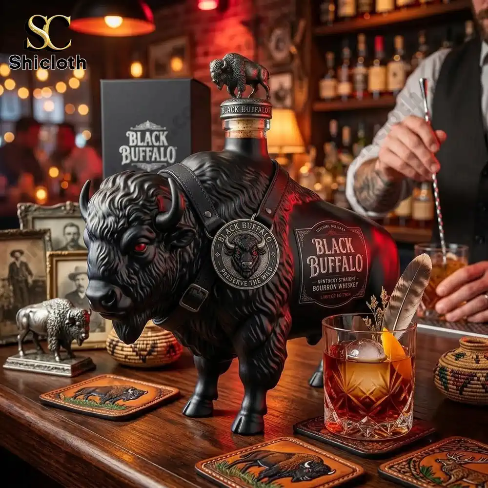 Black Buffalo Kentucky Straight Bourbon Whiskey in a decorative buffalo-shaped bottle
